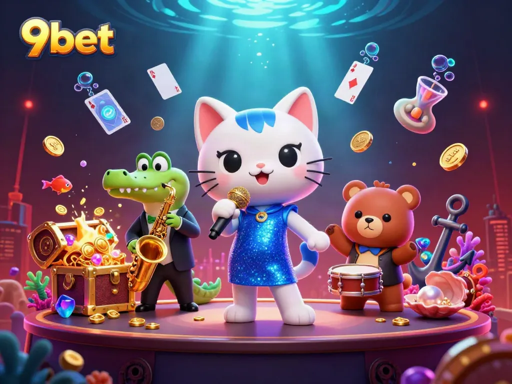 Experience thrilling entertainment at 9bet with a vibrant 3D illustration of joyful casino characters.