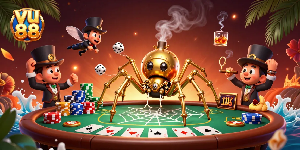 Catch thrilling poker action with vu 88's steampunk spider web, showcasing vibrant casino elements.