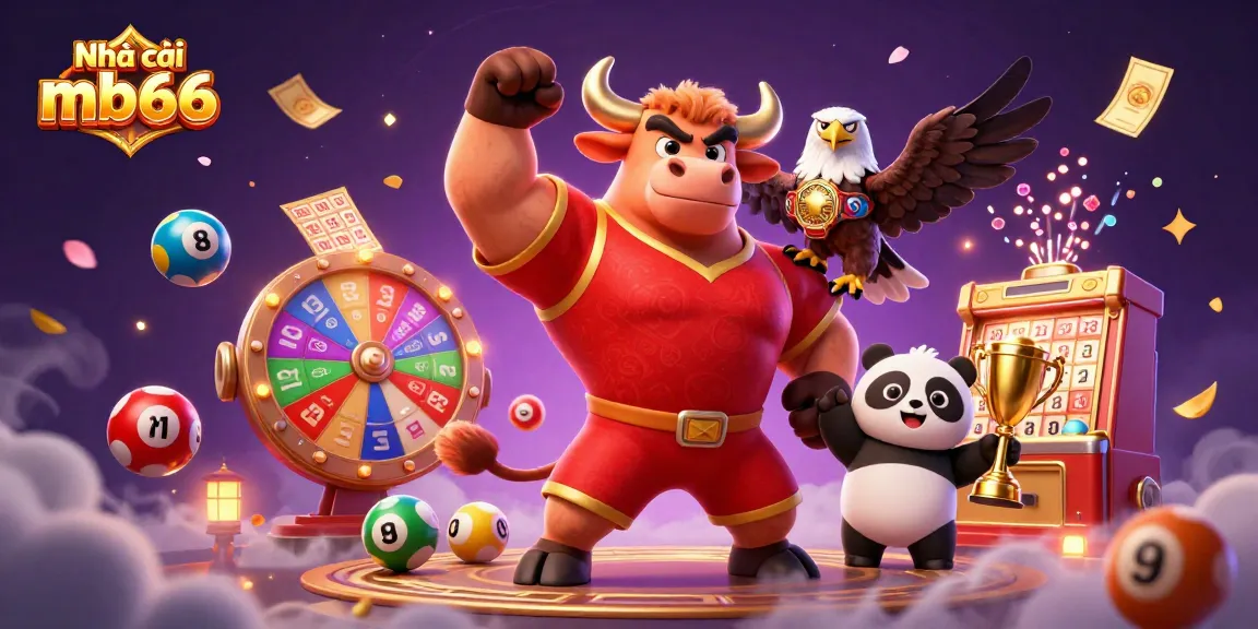 Join the excitement at Nhà cái mb66 with vibrant gaming elements and charismatic characters celebrating wins.