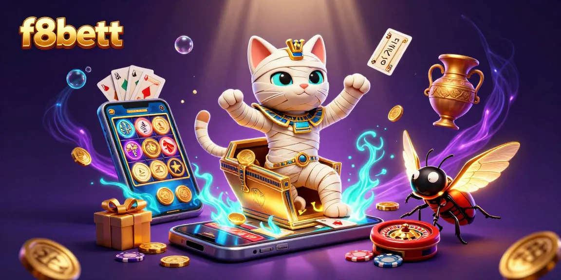 Experience thrilling gaming with f8bettt featuring a mummy cat in a vibrant casino scene.