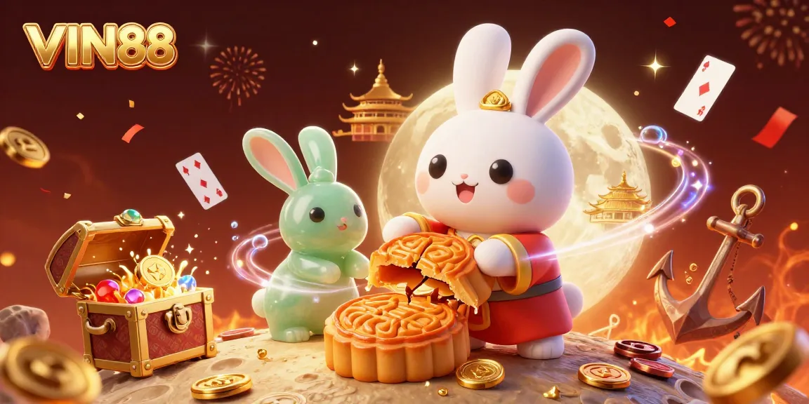 Experience the thrill with VIN88's vibrant gaming world featuring a whimsical moon rabbit and poker chips.