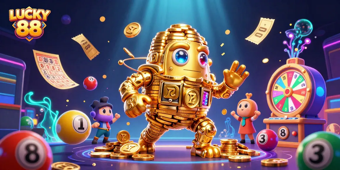 Experience thrilling gameplay with LUCKY 88 in this vibrant 3D casino illustration depicting an ancient golden golem amidst energetic lottery elements.