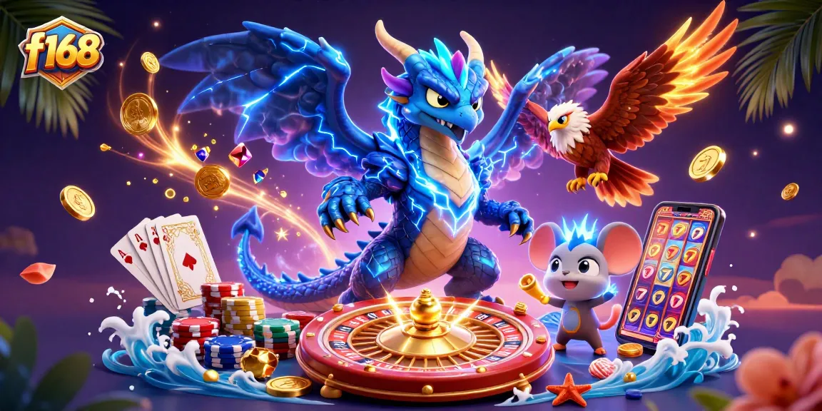 Experience thrilling gaming at f168 with epic characters amidst cascading coins and vibrant casino elements.