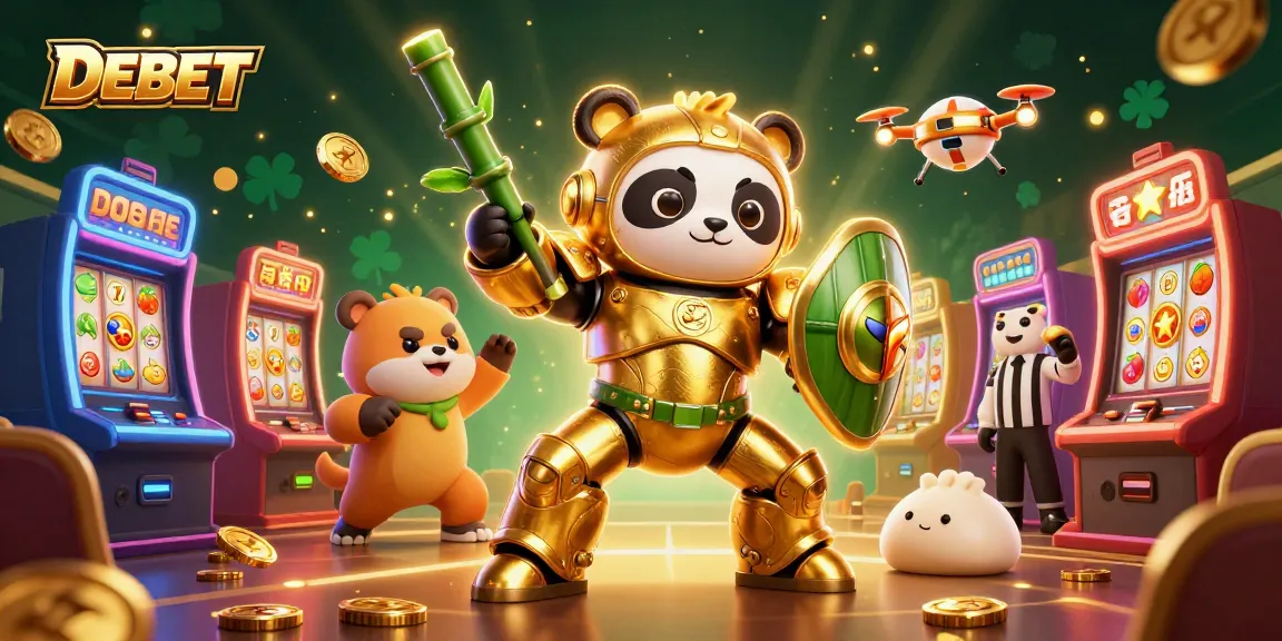 Experience thrilling gameplay with DEBET as the golden panda battles in a bustling casino.