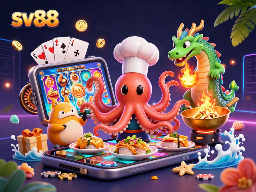 Engage with sv88's exciting slots while enjoying vibrant 3D illustrations of a sushi chef octopus.