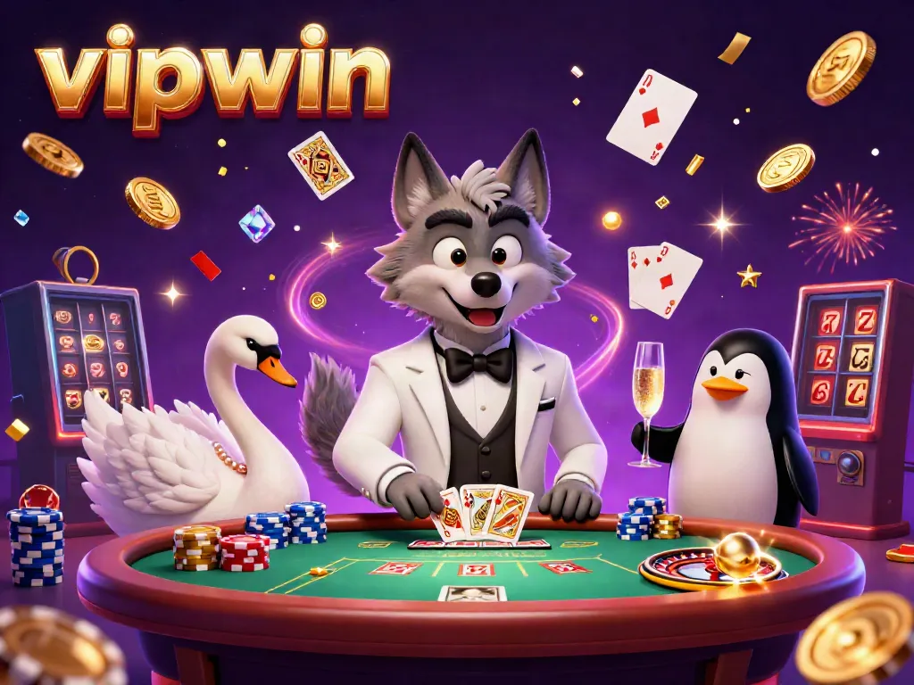 Experience the excitement at VIPWIN with a debonair wolf, elegant swan, and sophisticated penguin, all in a glamorous casino scene.