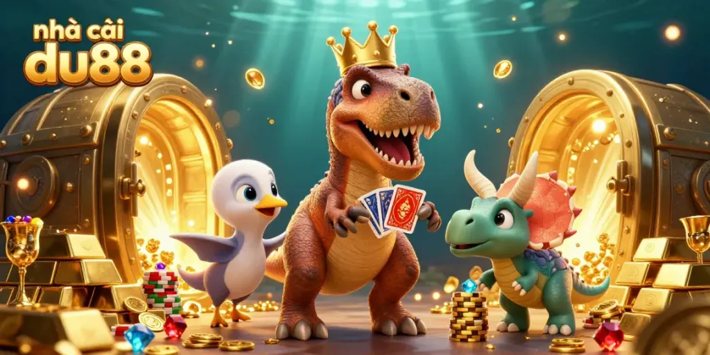 Experience the excitement of nhà cái du88 with T-Rex shuffling cards in a vibrant 3D casino scene.