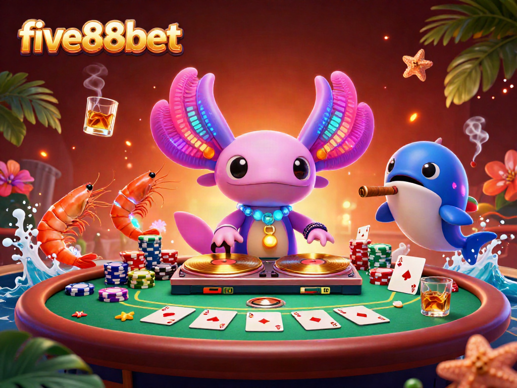 Experience the excitement of five88bet with an engaging underwater casino scene featuring a neon axolotl DJ and colorful poker elements.