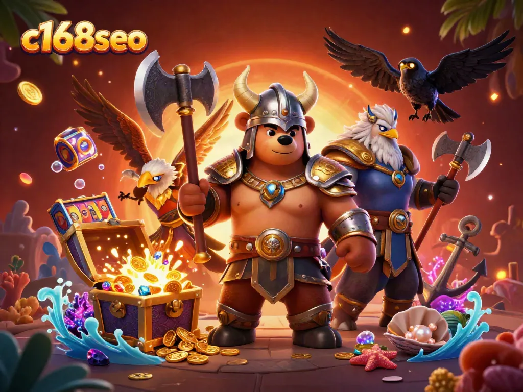 Experience the excitement of c168seo with a packed casino-themed 3D illustration featuring vibrant characters and game elements.
