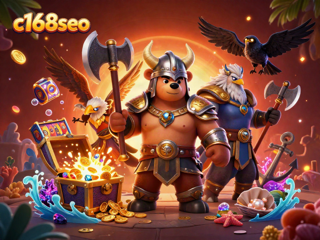 Experience the excitement of c168seo with a packed casino-themed 3D illustration featuring vibrant characters and game elements.