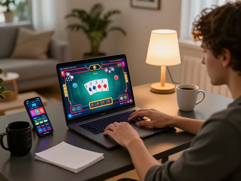 Engaging in online poker with XX88 interface shown on laptop and betting notes visible
