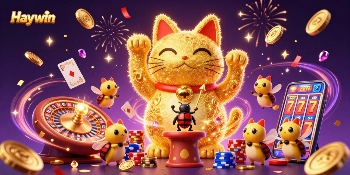 Experience Haywin's vibrant casino celebration with a golden lucky cat and dynamic gaming elements.