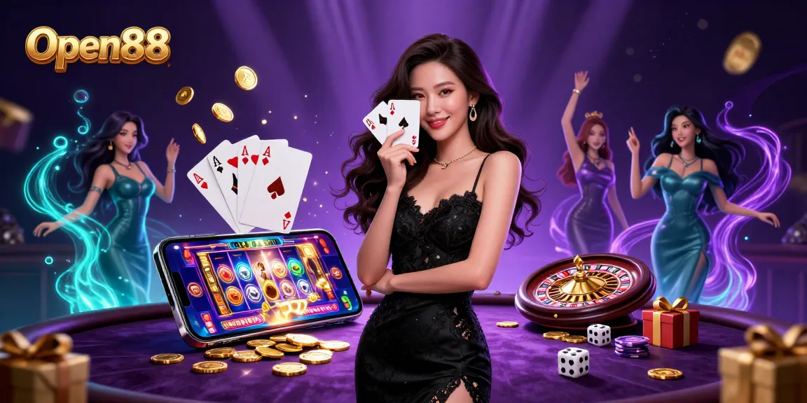 Engage in thrilling gaming at Open88 with an elegant card player amidst lively casino elements.