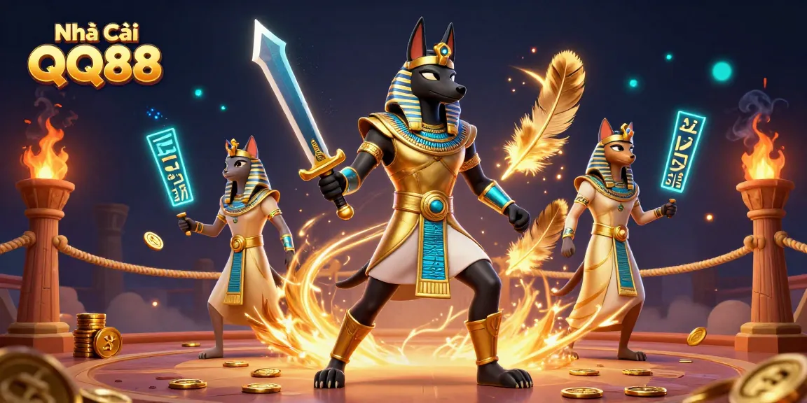 Engage with Nhà Cái QQ88 featuring Anubis and Bastet amidst gold coins in a thrilling casino scene.