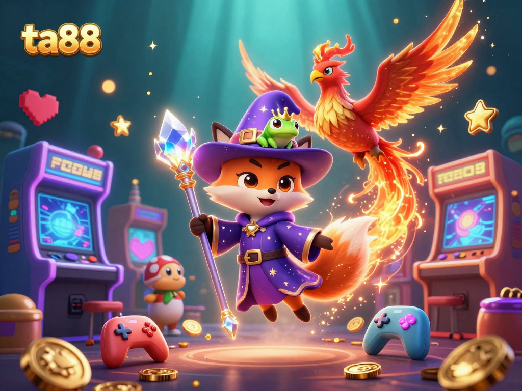 Players explore ta88 with a mystical wizard, phoenix, and enchanted frog in a colorful casino world.