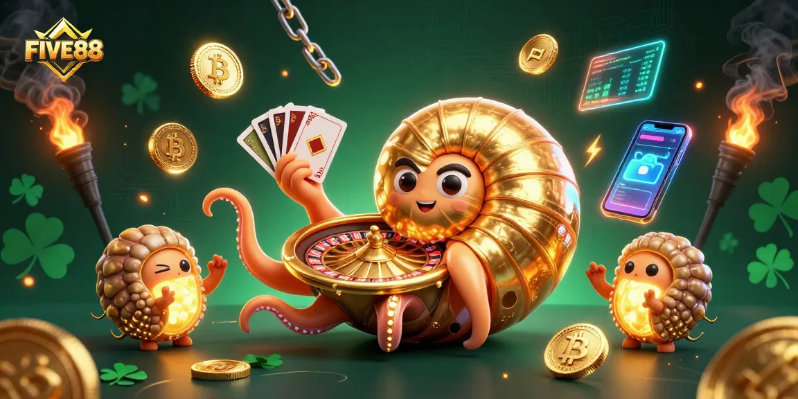 Engage with FIVE88 in a vibrant 3D scene featuring casino elements and glowing cryptocurrencies.