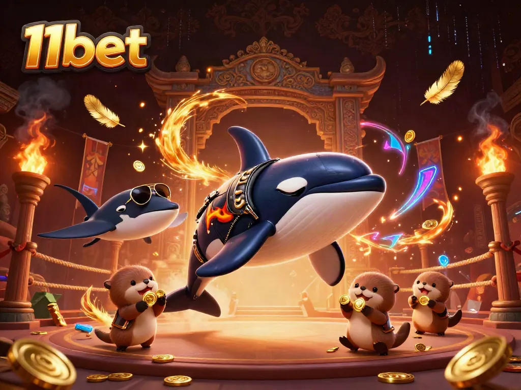 Engage in high-stakes fun with 11bet as an orca whale in a biker jacket jumps through a vibrant casino scene.