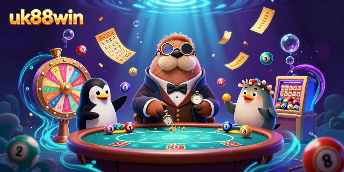 Play poker with the jolly walrus at uk88win's vibrant underwater casino, featuring a bluffing pufferfish.