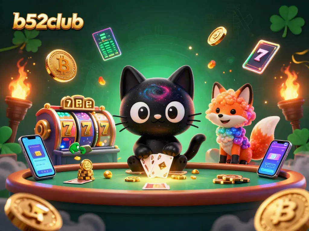 Engage at b52club with a cosmic scene of a black hole cat and a nebula fox, captivating casino gameplay.