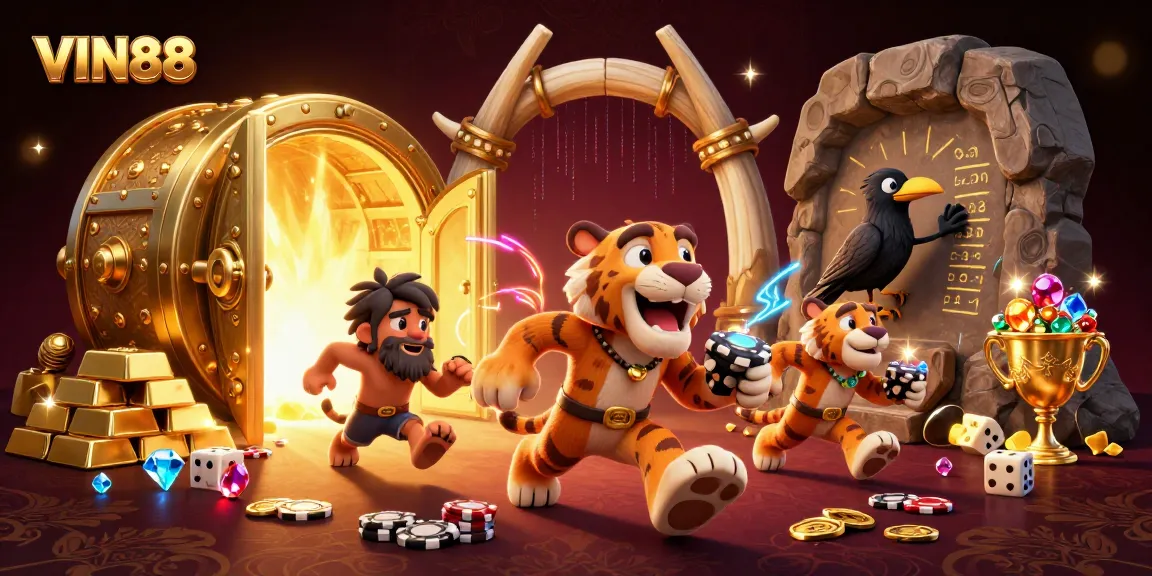 Engage in thrilling winning gameplay at VIN88 with captivating caveman casino illustration.