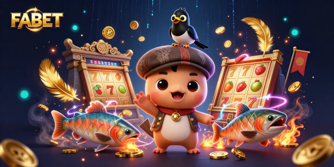 FABET offers players thrilling slot gameplay with a dynamic scene of cartoon characters and vibrant casino elements.