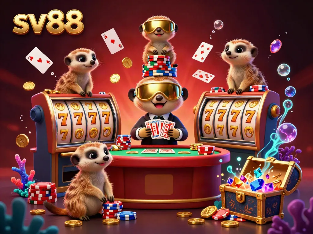 Engage in winning strategies at sv88's vibrant casino with animated meerkats handling games and treasures.