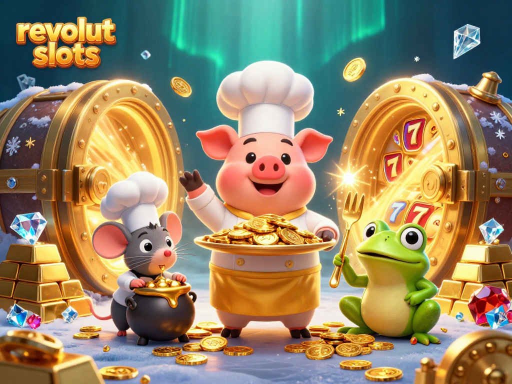 Revolut slots z zlatimi kovanci in zabavni 3D sceni trenutkov.