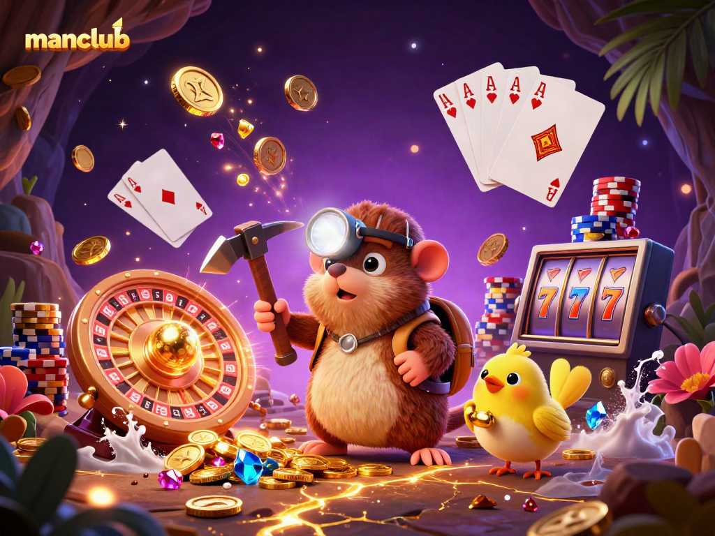 Experience the thrill of manclub gaming with a treasure hunter mole character surrounded by dazzling coins and gems.