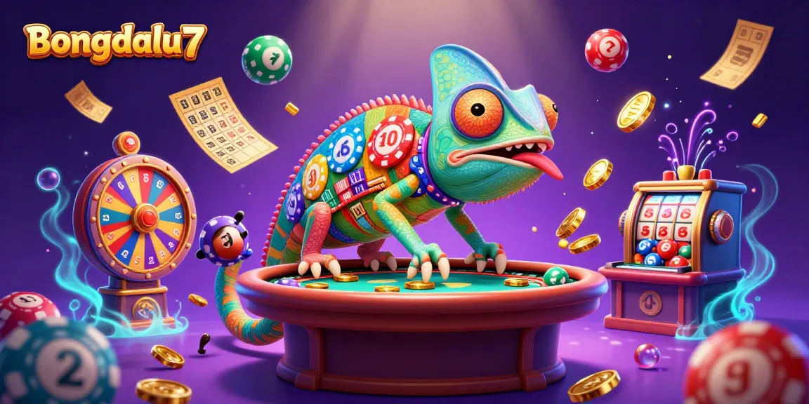 Engage with Bongdalu7's vibrant 3D casino scene featuring a chameleon owner capturing golden coins amidst dynamic lottery elements.