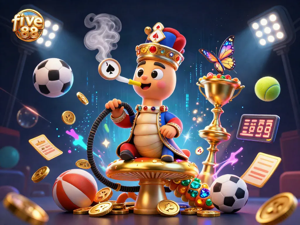 Experience the thrill of five 88 with a vibrant, dynamic 3D cartoon casino scene filled with colorful sports elements.