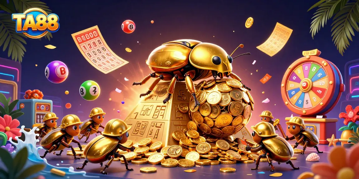 Engage with TA88’s colorful lottery balls and dynamic prize wheel in a vibrant casino setting.
