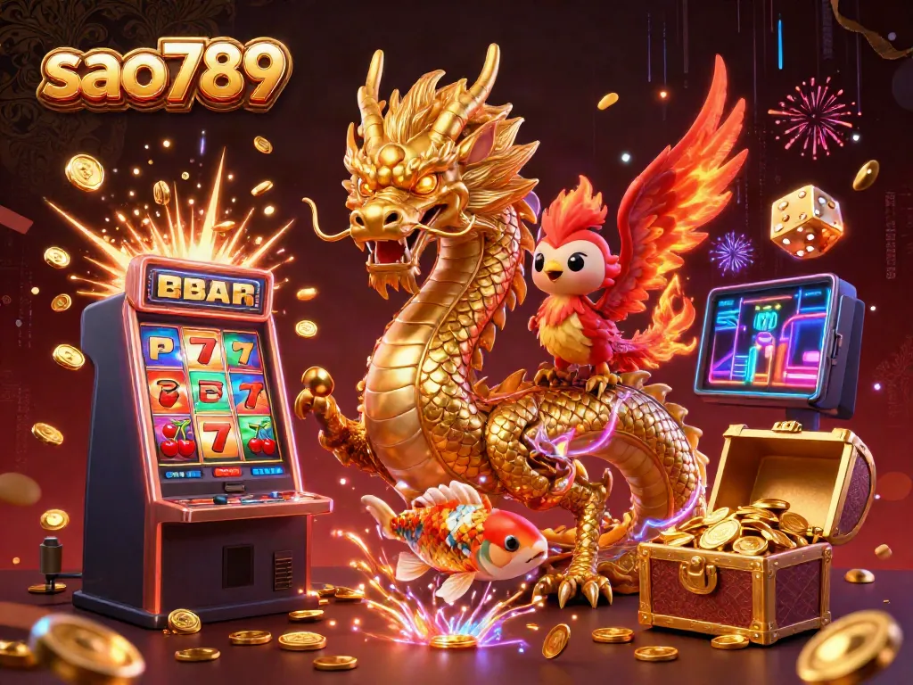 Sao789 features a dynamic 3D casino scene with a dragon, phoenix, and koi fish celebrating a jackpot.