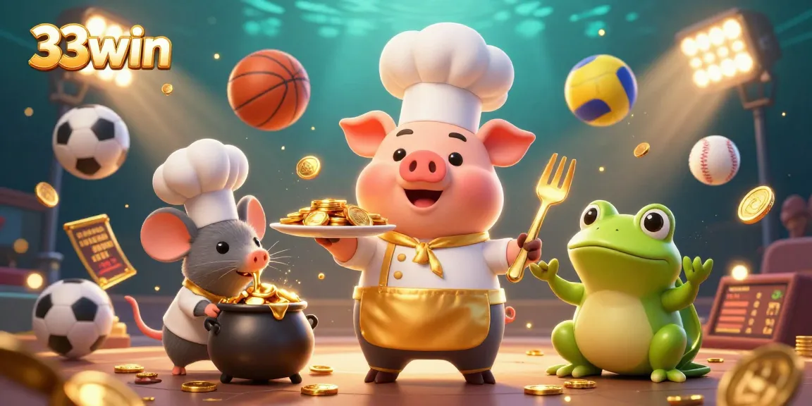 Experience thrilling games at 33win, featuring energetic characters amidst dynamic betting elements and gold coins.