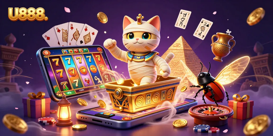 Engage with U888.'s thrilling slot games featuring a mystical Egyptian mummy cat and vibrant gaming elements.