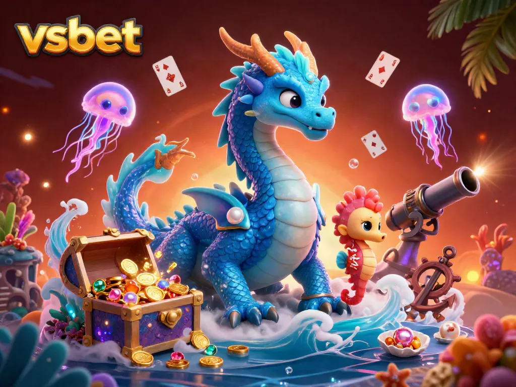 Join the excitement at vsbet with an azure dragon and a heroic seahorse knight amid casino treasures.