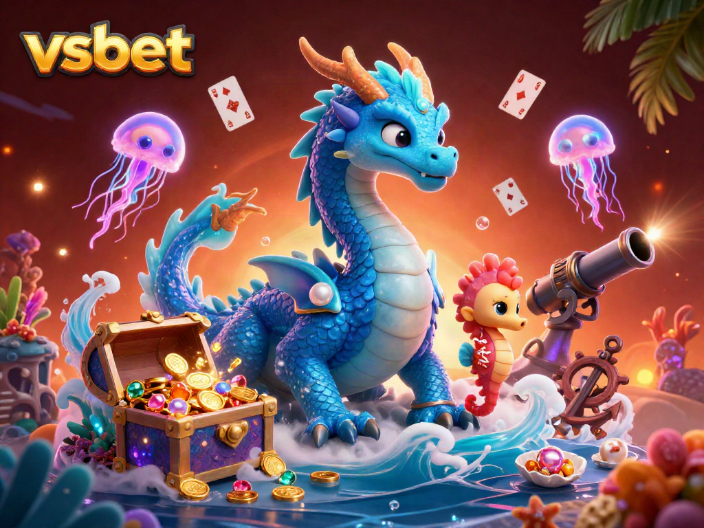 Join the excitement at vsbet with an azure dragon and a heroic seahorse knight amid casino treasures.