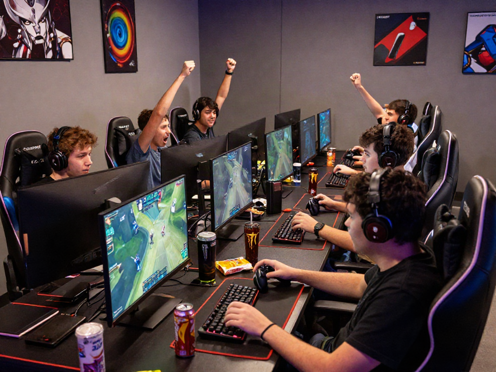 Men enjoying competitive gaming at Manclub, showcasing high-tech setups and vibrant atmosphere.