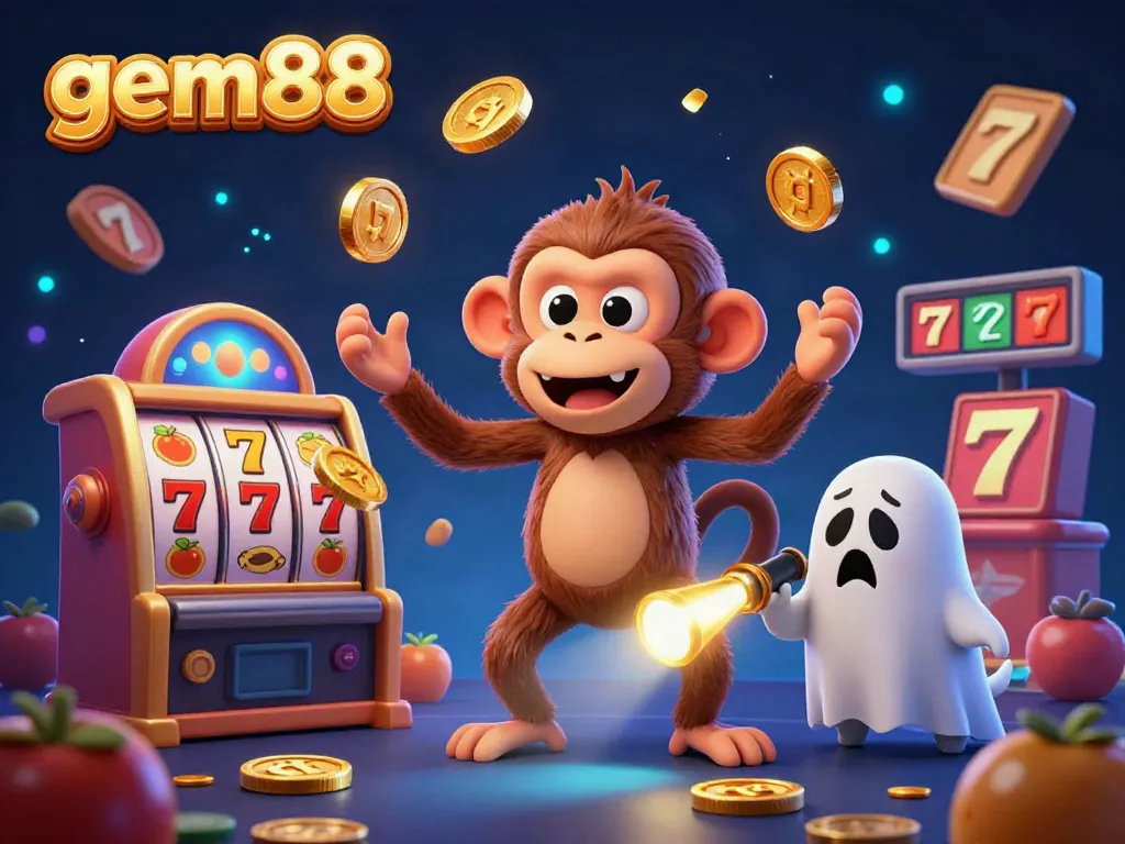 Experience gem88's lively casino scene with a poltergeist monkey and ghost-hunter puppy in rich detail.