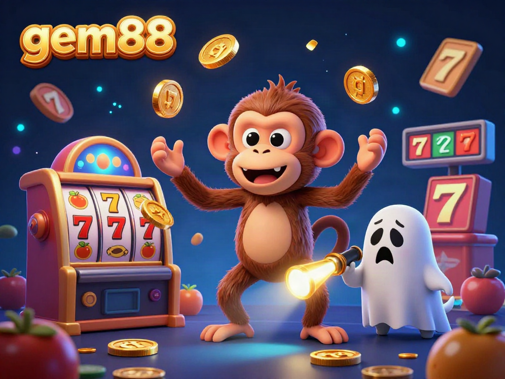 Experience gem88's lively casino scene with a poltergeist monkey and ghost-hunter puppy in rich detail.