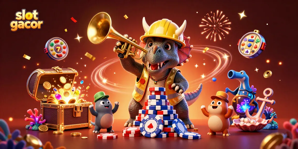 Experience slot gacor excitement with a vibrant 3D casino scene of playful dinosaurs!