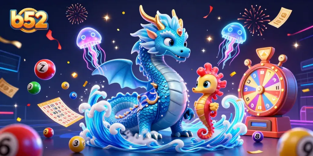 Engage with b52 and vibrant casino games through this dazzling illustration of a water dragon and seahorse warrior.