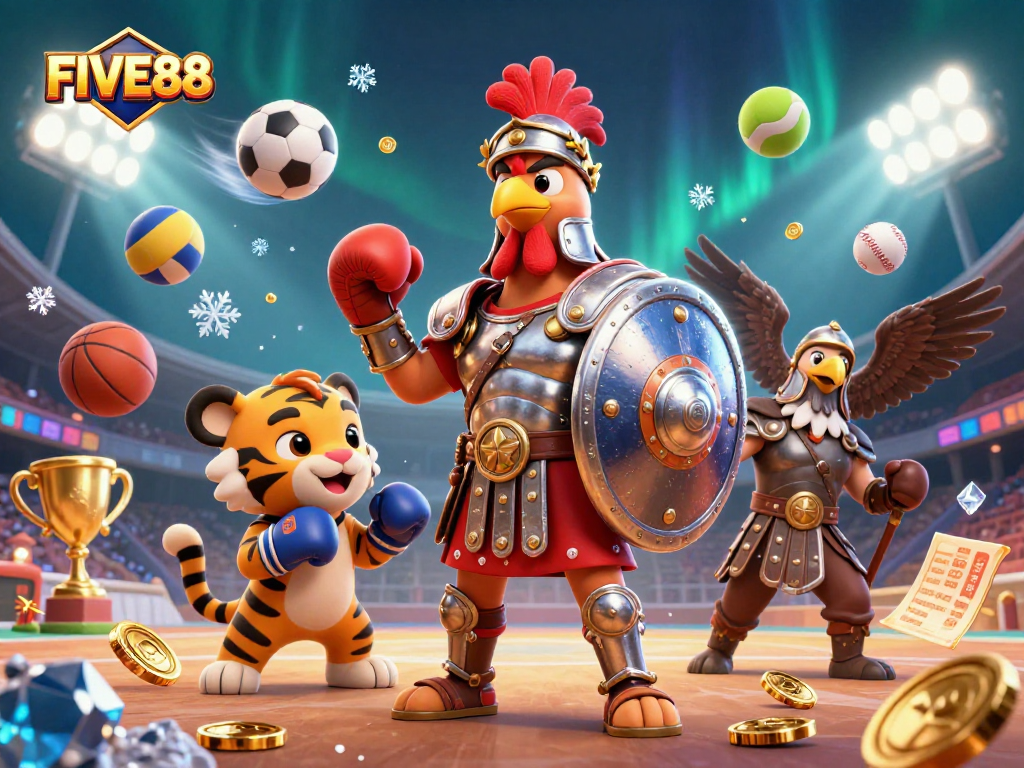 FIVE88 showcases a lively 3D casino illustration, featuring a gladiator rooster amidst dynamic sports elements.