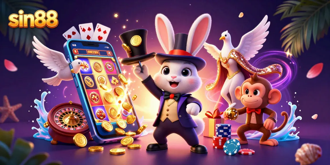 Experience excitement with sin88's casino adventure featuring a magical scene with vibrant slots and characters.