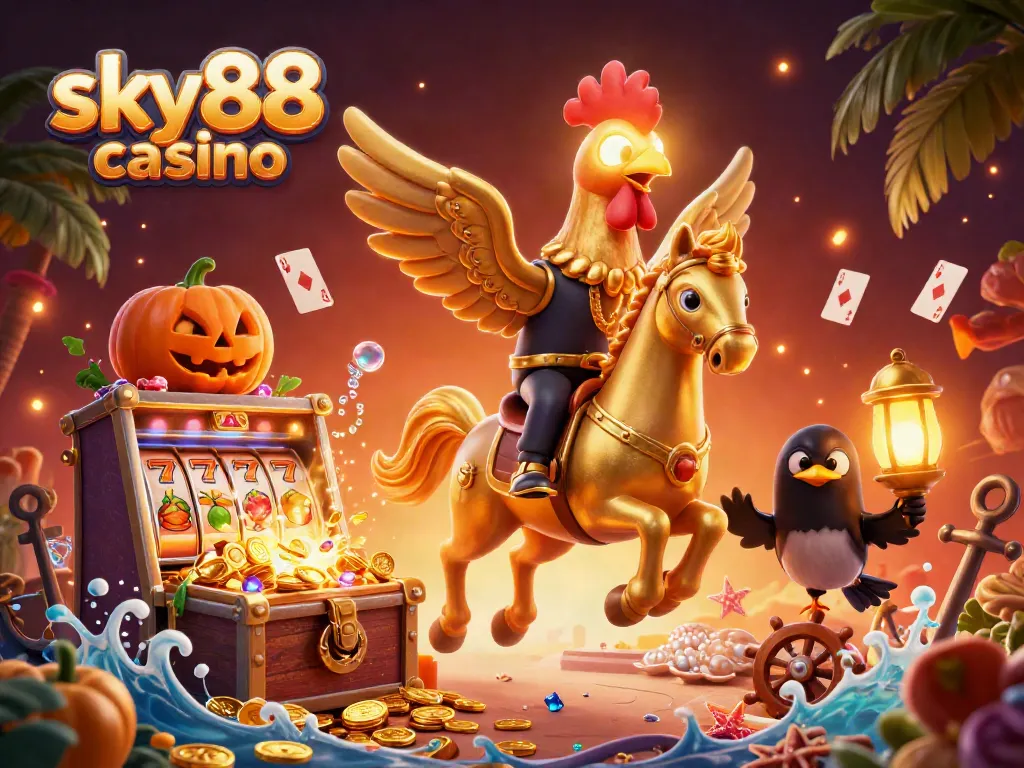 Experience the thrill of sky88 casino with a golden rooster in a magical casino scene.