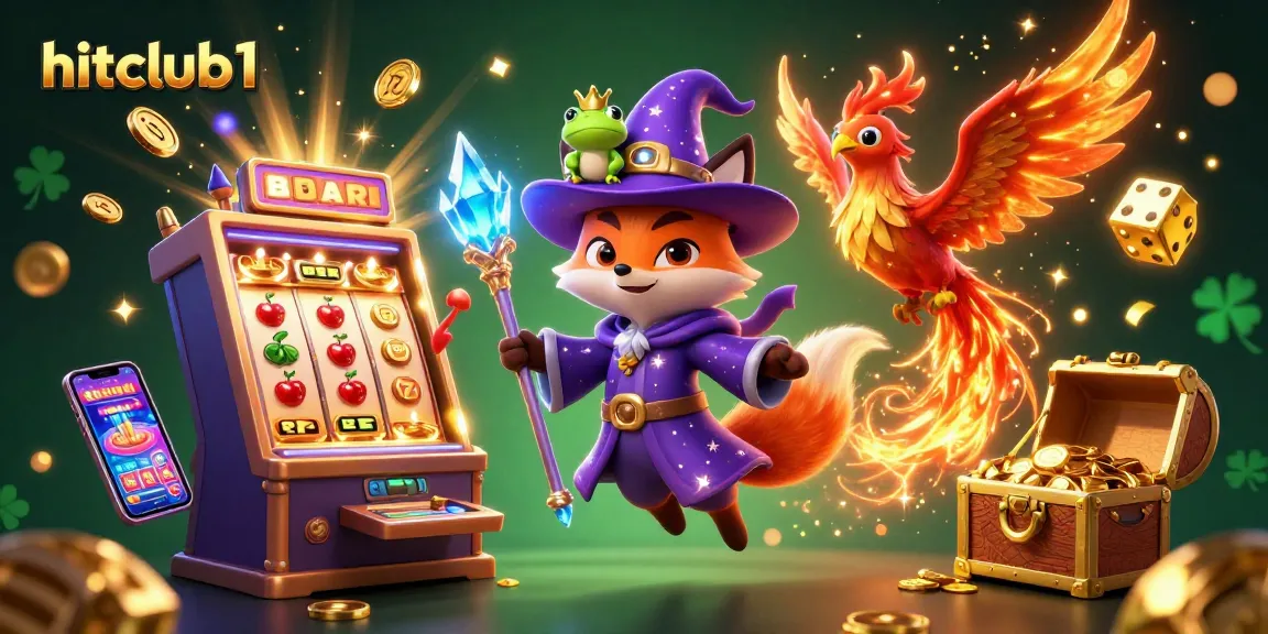 Experience excitement with hitclub1's mystical wizard fox and phoenix in a vibrant casino scene.