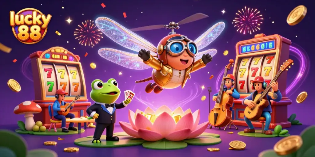 Experience the excitement of lucky 88 with vibrant casino action featuring colorful slot reels and dancing characters.