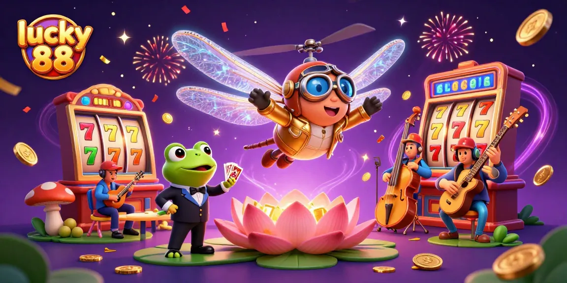 Experience the excitement of lucky 88 with vibrant casino action featuring colorful slot reels and dancing characters.