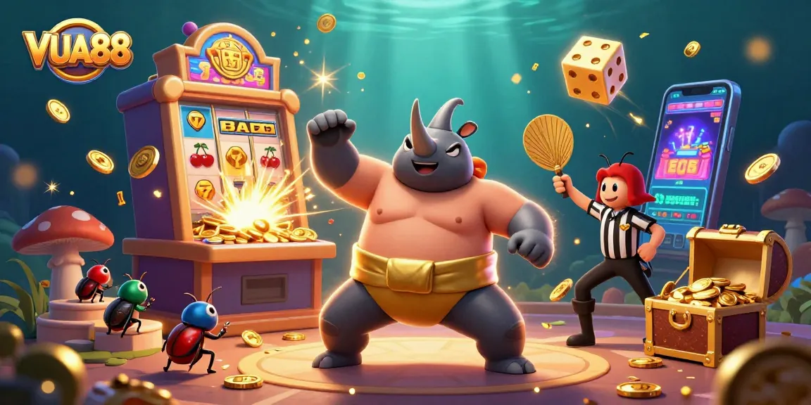 Experience thrilling wins at VUA88 with a dynamic 3D casino scene featuring vibrant gaming elements and characters.