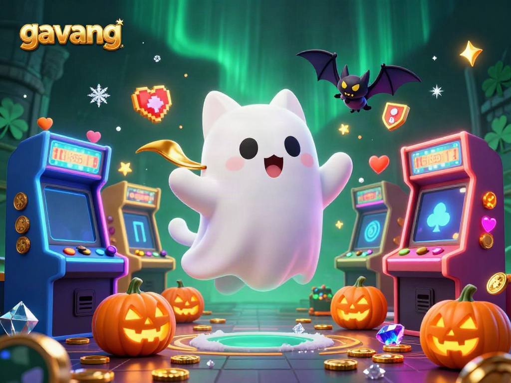 Experience thrilling gaming with Gavang's ghostly cat and exciting casino ambiance in this vibrant illustration.