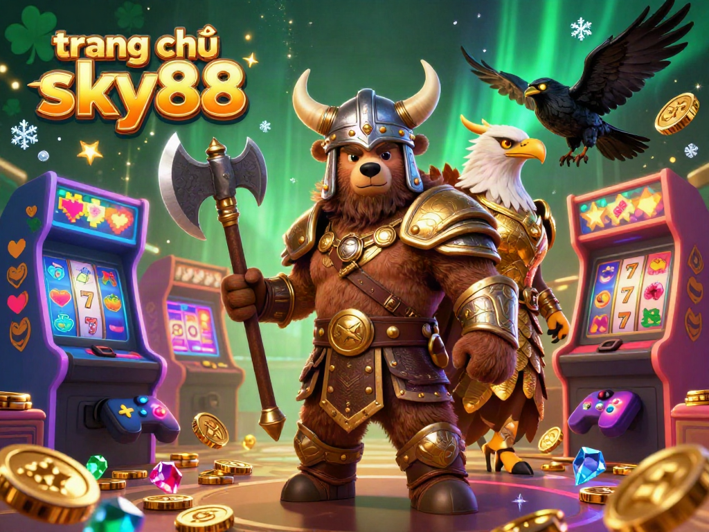 Engage with the thrilling world of trang chủ sky88 through this vibrant 3D illustration featuring a Viking berserker bear and a Valkyrie eagle amidst slot and arcade game elements.